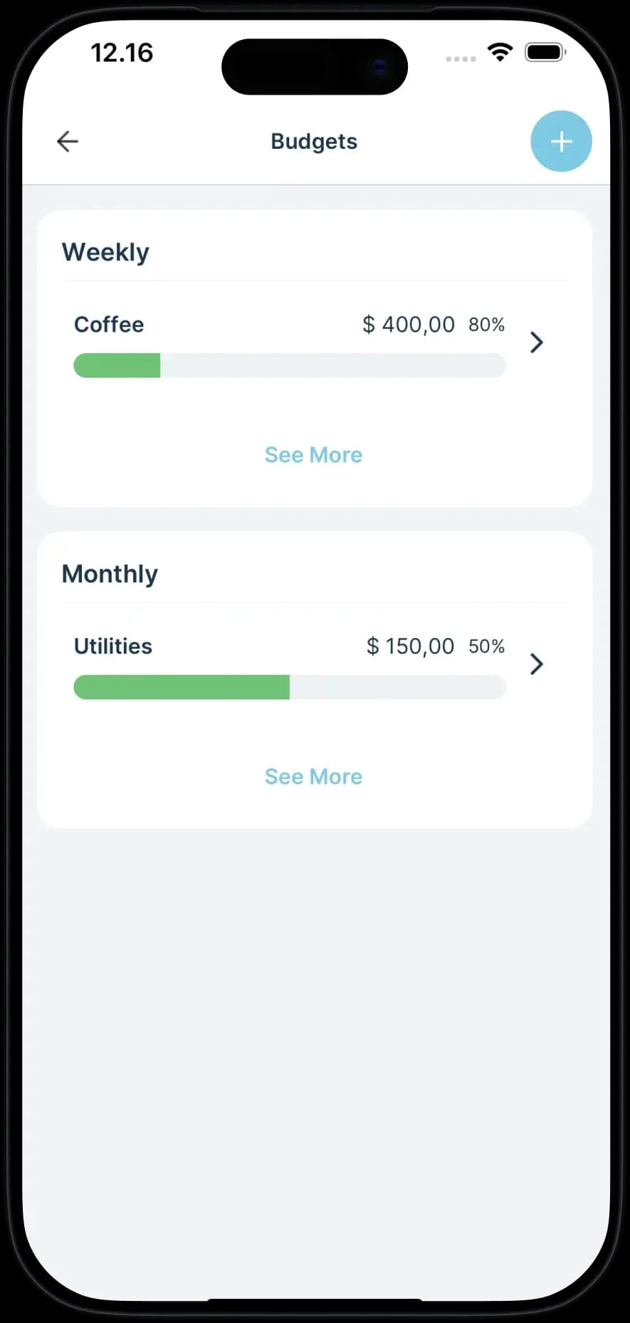 A budget screen with progress bars for each category