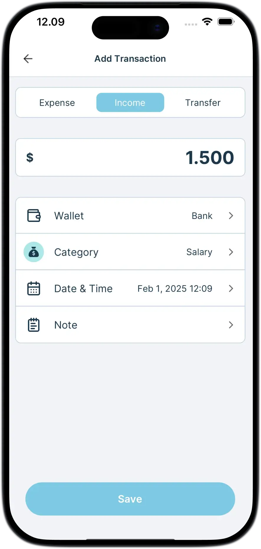 The add transaction screen with income selected and an amount entered